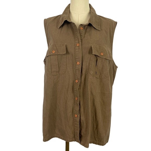 Massini Linen Blend Brown Size 20W Collared Button Up Tank Top Shirt - Picture 1 of 7